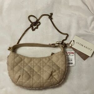 NWT Antik Kraft Tan Quilted Fur Trim Crossbody Bag Dual Handle